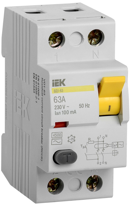 Выключатель дифференциального тока УЗО IEK ВД1-63 2п 63А 100мА 4,5,кА тип AC